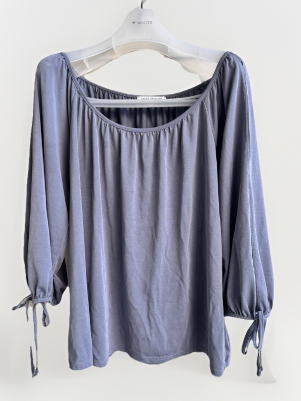 Green Envelope Gray Blue Scoop Neck Blouse L Relaxed Boho Top Slit Tie Sleeve